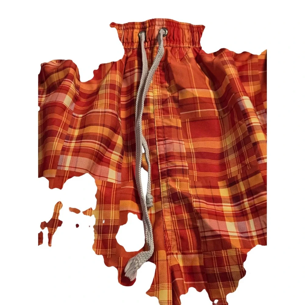 IZOD PerformX Boys Swim‎ Trunks Orange Red Plaid Board Shorts Size L Large